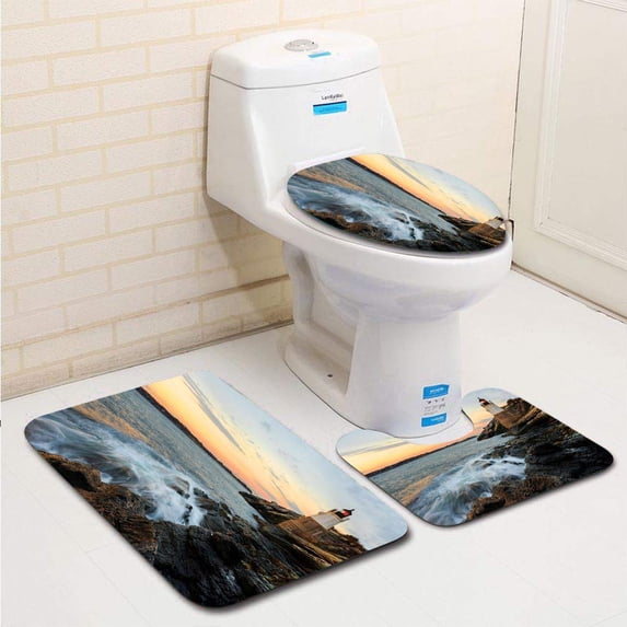 PUDMAD Castle Hill house Waves 3 Piece Bathroom Rugs Set Bath Rug Contour Mat and Toilet Lid Cover