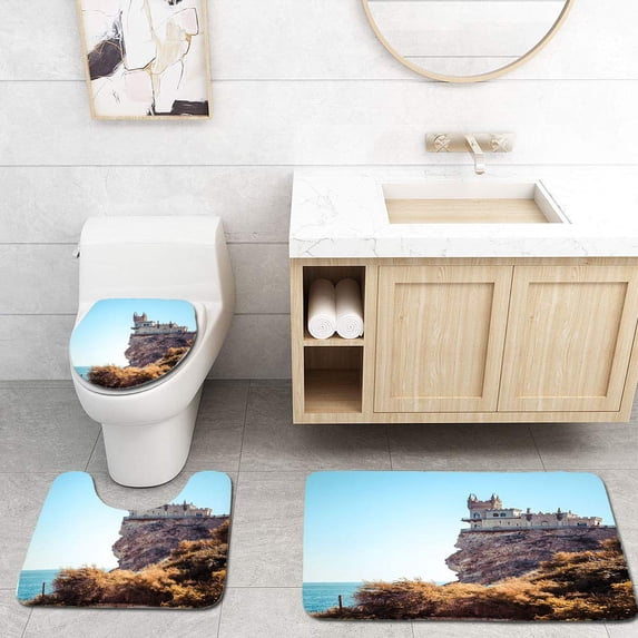 PUDMAD Castle Swallows Nest on Rock 3 Piece Bathroom Rugs Set Bath Rug Contour Mat and Toilet Lid Cover