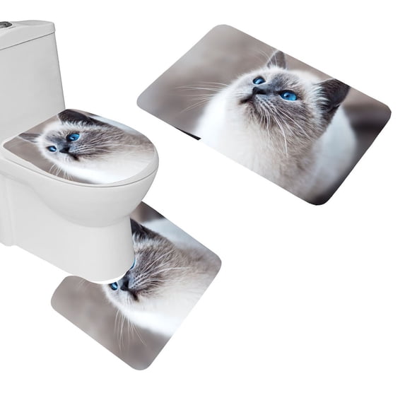 PUDMAD Cat Blue Eyed Look 3 Piece Bathroom Rugs Set Bath Rug Contour Mat and Toilet Lid Cover