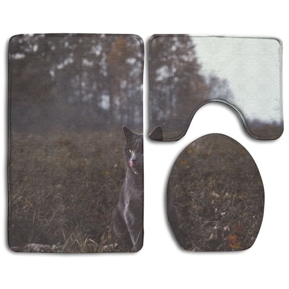 PUDMAD Cat Gray Walk 3 Piece Bathroom Rugs Set Bath Rug Contour Mat and Toilet Lid Cover