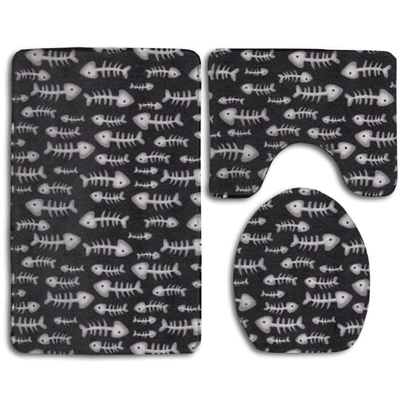 PUDMAD Cat Nip Fish Bones 3 Piece Bathroom Rugs Set Bath Rug Contour Mat and Toilet Lid Cover