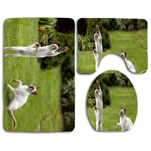 PUDMAD Cat Playing 3 Piece Bathroom Rugs Set Bath Rug Contour Mat and Toilet Lid Cover