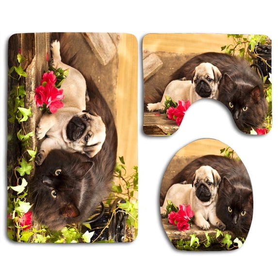 PUDMAD Cat Puppy Relax Friends Rest Dog Sweet Flowers 3 Piece Bathroom Rugs Set Bath Rug Contour Mat and Toilet Lid Cover