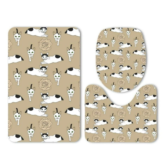 PUDMAD Cat Walking Kneeling Blue Green Eyes Flowers 3 Piece Bathroom Rugs Set Bath Rug Contour Mat and Toilet Lid Cover