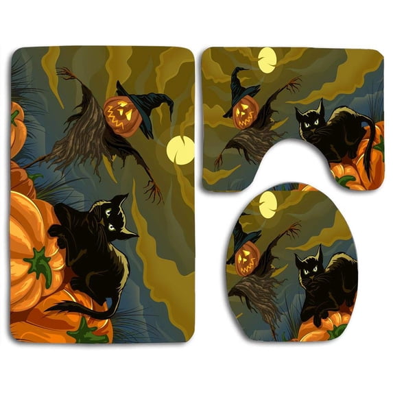 PUDMAD Cat carecrow Pumpkin 3 Piece Bathroom Rugs Set Bath Rug Contour Mat and Toilet Lid Cover