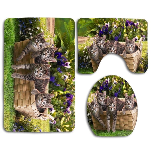 PUDMAD Cat in Basket Spring Garden 3 Piece Bathroom Rugs Set Bath Rug Contour Mat and Toilet Lid Cover