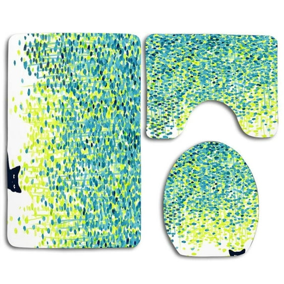 PUDMAD Cat in Garden Under Willow Tree 3 Piece Bathroom Rugs Set Bath Rug Contour Mat and Toilet Lid Cover