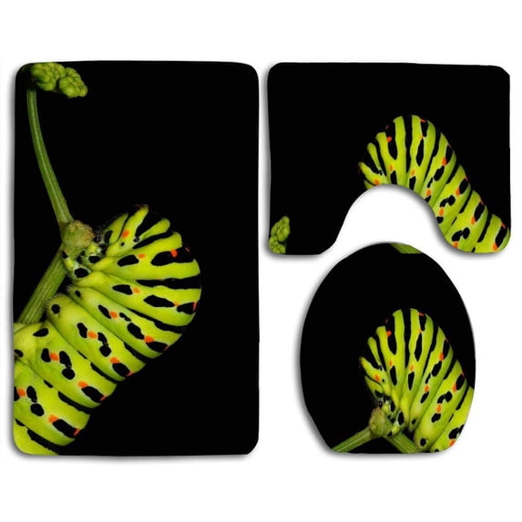 PUDMAD Caterpillar Walking 3 Piece Bathroom Rugs Set Bath Rug Contour Mat and Toilet Lid Cover