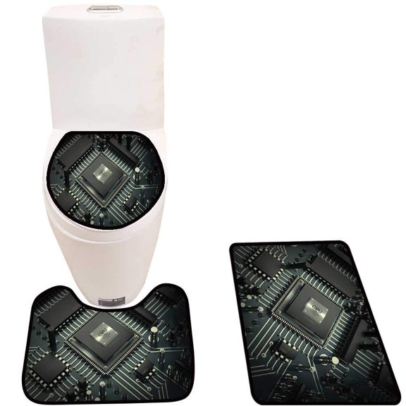 PUDMAD Central Computer Processors CPU Concept Technology backgroun 3 Piece Bathroom Rugs Set Bath Rug Contour Mat and Toilet Lid Cover