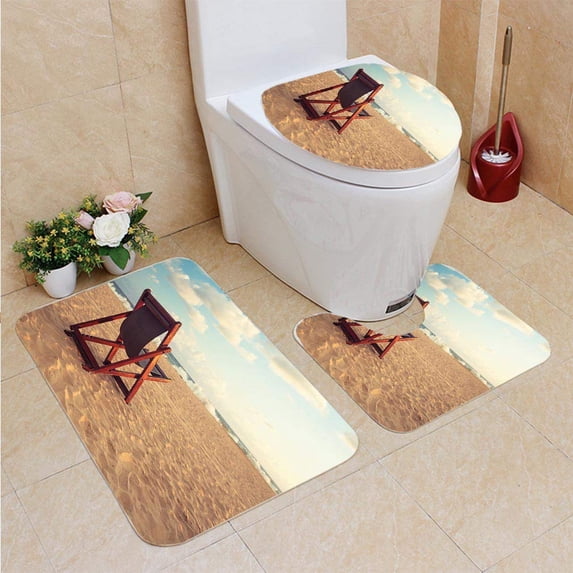 PUDMAD Chair at a Topical Beach in Sunset 3 Piece Bathroom Rugs Set Bath Rug Contour Mat and Toilet Lid Cover