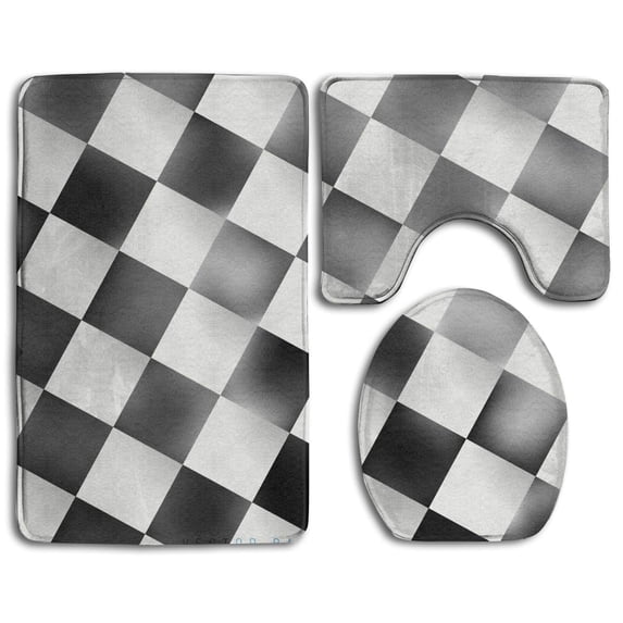 PUDMAD Checkerboard 3 Piece Bathroom Rugs Set Bath Rug Contour Mat and Toilet Lid Cover