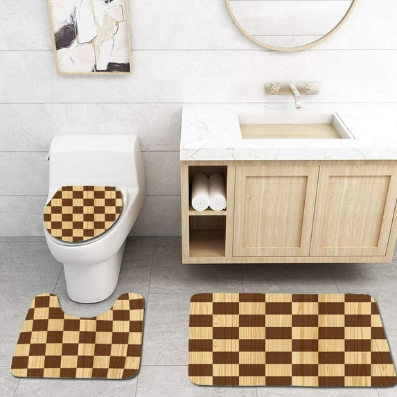 PUDMAD Checkered Empty Checkerboard Wooden Seem Mosaic Texture Chess Game Hobby Theme Brown 3 Piece Bathroom Rugs Set Bath Rug Contour Mat and Toilet Lid Cover