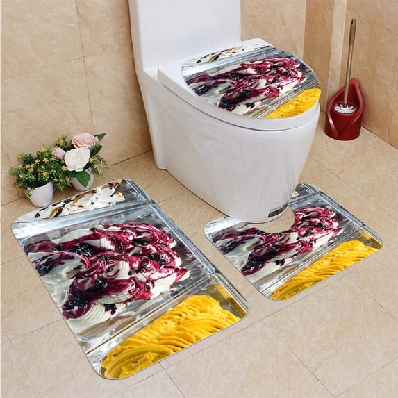 PUDMAD Cherry ice Cream 3 Piece Bathroom Rugs Set Bath Rug Contour Mat and Toilet Lid Cover