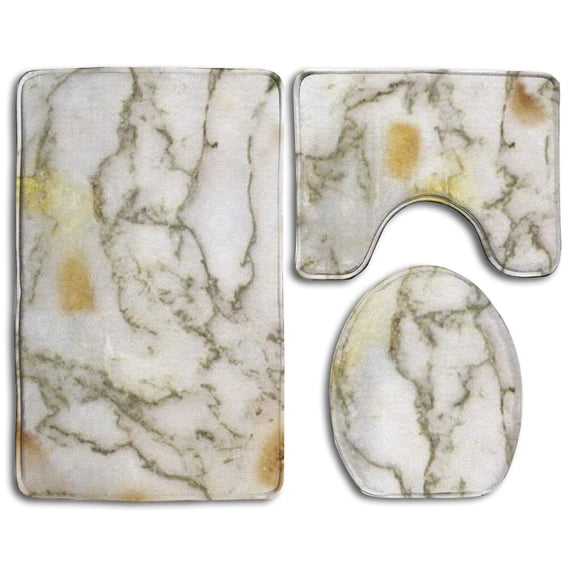 PUDMAD Chic Golden White Marble 3 Piece Bathroom Rugs Set Bath Rug Contour Mat and Toilet Lid Cover