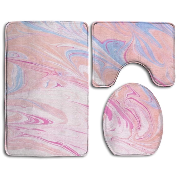 PUDMAD Chic Pink Marble Texture 3 Piece Bathroom Rugs Set Bath Rug Contour Mat and Toilet Lid Cover
