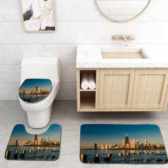 PUDMAD Chicago Skyline at Sunrise 3 Piece Bathroom Rugs Set Bath Rug Contour Mat and Toilet Lid Cover