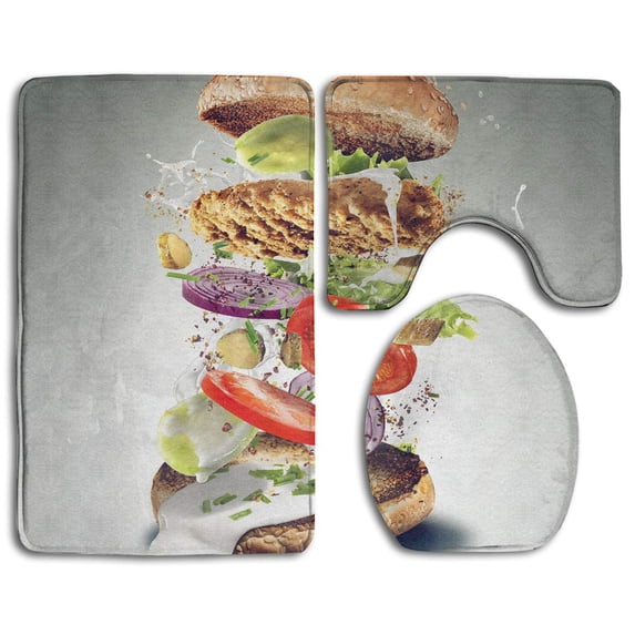 PUDMAD Chicken Burger 3 Piece Bathroom Rugs Set Bath Rug Contour Mat and Toilet Lid Cover