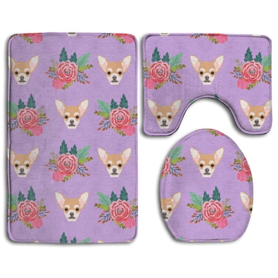 PUDMAD Chihuahua Dog 3 Piece Bathroom Rugs Set Bath Rug Contour Mat and Toilet Lid Cover