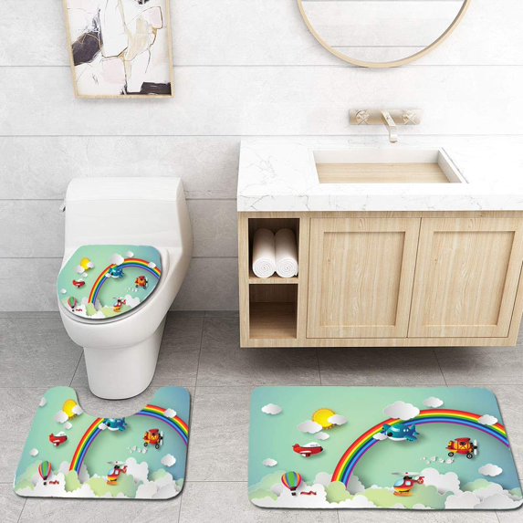 PUDMAD Children Plane Hot Air Balloon Helicopter Flying on Rainbow Sunny Sky Happy Baby 3 Piece Bathroom Rugs Set Bath Rug Contour Mat and Toilet Lid Cover
