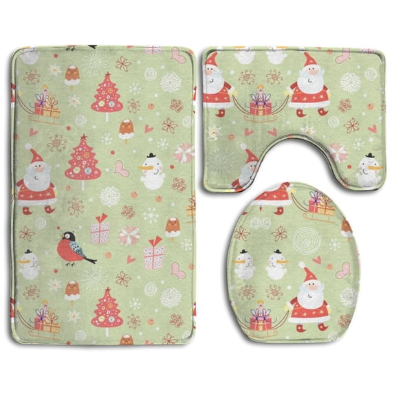 PUDMAD Christmas 3 Piece Bathroom Rugs Set Bath Rug Contour Mat and Toilet Lid Cover