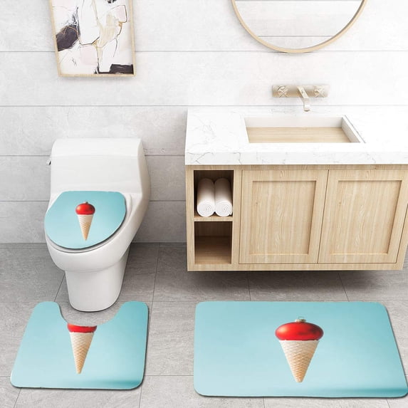 PUDMAD Christmas Bauble in ice Cream Cone New Year Minimal Concept 3 Piece Bathroom Rugs Set Bath Rug Contour Mat and Toilet Lid Cover