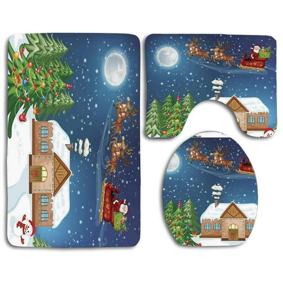 PUDMAD Christmas Classic Eve Scene Santa Delivering Gift Rudolf Nosed Reindeer 3 Piece Bathroom Rugs Set Bath Rug Contour Mat and Toilet Lid Cover