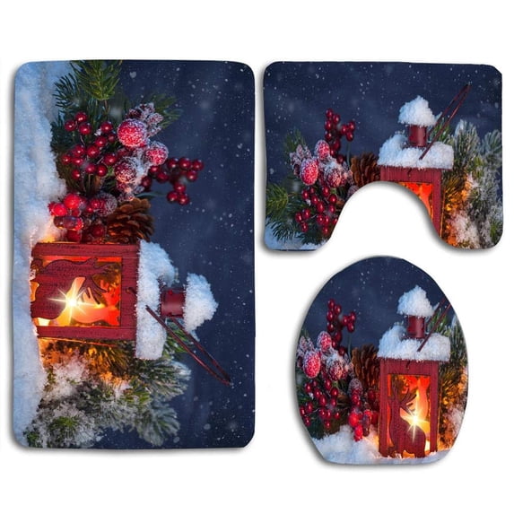 PUDMAD Christmas Currants Lantern 3 Piece Bathroom Rugs Set Bath Rug Contour Mat and Toilet Lid Cover
