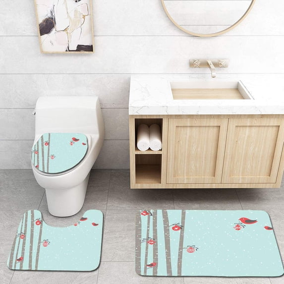 PUDMAD Christmas Cute Birds Celebration Xmas Tree Snowy New Year Inspiration 3 Piece Bathroom Rugs Set Bath Rug Contour Mat and Toilet Lid Cover