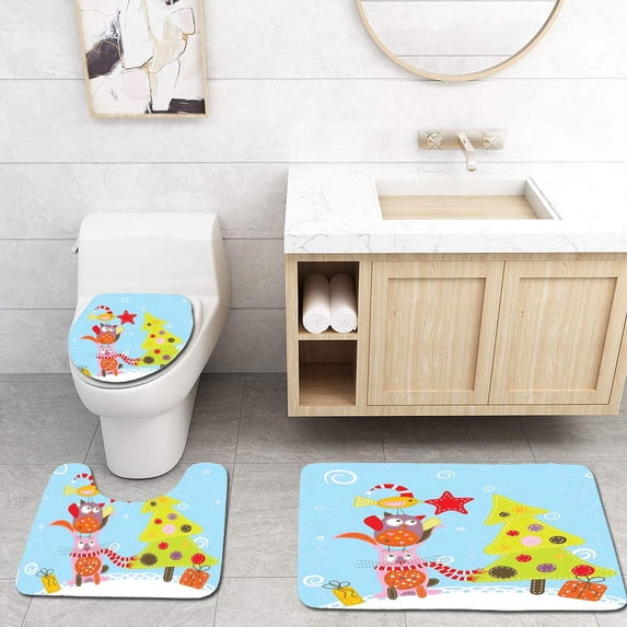 PUDMAD Christmas Funny Cartoon Stylized Cat Owl and a Bird Best Friends Gifts Noel 3 Piece Bathroom Rugs Set Bath Rug Contour Mat and Toilet Lid Cover