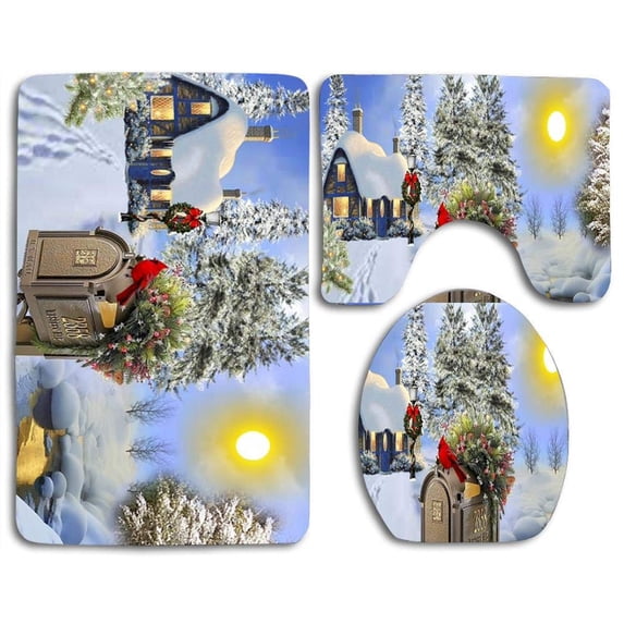 PUDMAD Christmas Peaceful Cottage Splendor 3 Piece Bathroom Rugs Set Bath Rug Contour Mat and Toilet Lid Cover