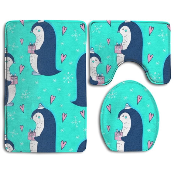 PUDMAD Christmas Penguins 3 Piece Bathroom Rugs Set Bath Rug Contour Mat and Toilet Lid Cover