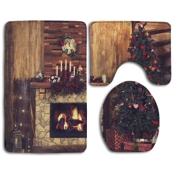 PUDMAD Christmas Photography Background 3 Piece Bathroom Rugs Set Bath Rug Contour Mat and Toilet Lid Cover