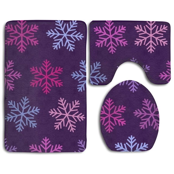 PUDMAD Christmas Purple Snowflake 3 Piece Bathroom Rugs Set Bath Rug Contour Mat and Toilet Lid Cover