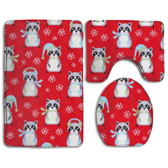 PUDMAD Christmas Red Raccoons 3 Piece Bathroom Rugs Set Bath Rug Contour Mat and Toilet Lid Cover
