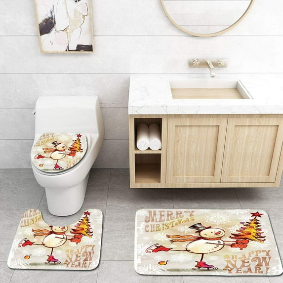 PUDMAD Christmas Skating Happy Snowman Christmas Tree Cheerful Hand Drawn Ornate Snowflakes 3 Piece Bathroom Rugs Set Bath Rug Contour Mat and Toilet Lid Cover