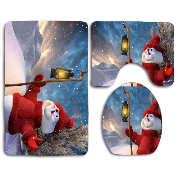 PUDMAD Christmas Smiling Snowman 3 Piece Bathroom Rugs Set Bath Rug Contour Mat and Toilet Lid Cover