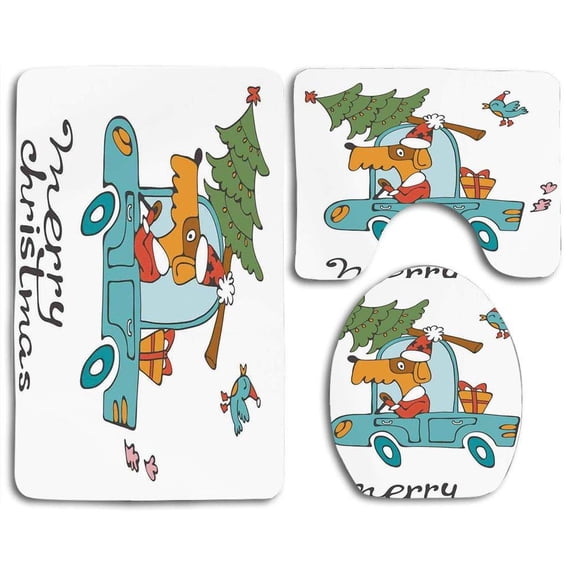 PUDMAD Christmas Vintage Car Dog Driving Santa Costume Cute Bird Tree Gift Present 3 Piece Bathroom Rugs Set Bath Rug Contour Mat and Toilet Lid Cover