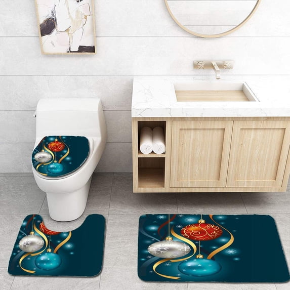 PUDMAD Christmas Vivid Classical Baubles Ribbons and Different Patterns Abstract 3 Piece Bathroom Rugs Set Bath Rug Contour Mat and Toilet Lid Cover