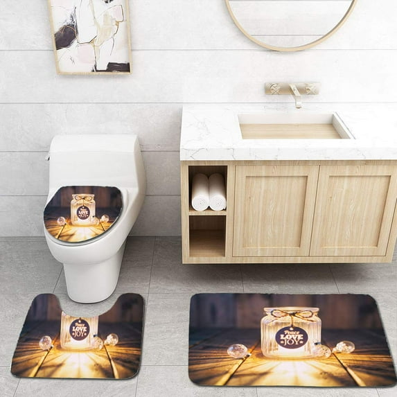 PUDMAD Christmas on Old Wood Candle Jar Label Card 3 Piece Bathroom Rugs Set Bath Rug Contour Mat and Toilet Lid Cover
