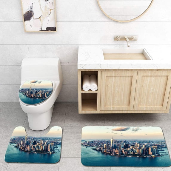 PUDMAD City Dreams New York Citys Skyline at Twilight 3 Piece Bathroom Rugs Set Bath Rug Contour Mat and Toilet Lid Cover