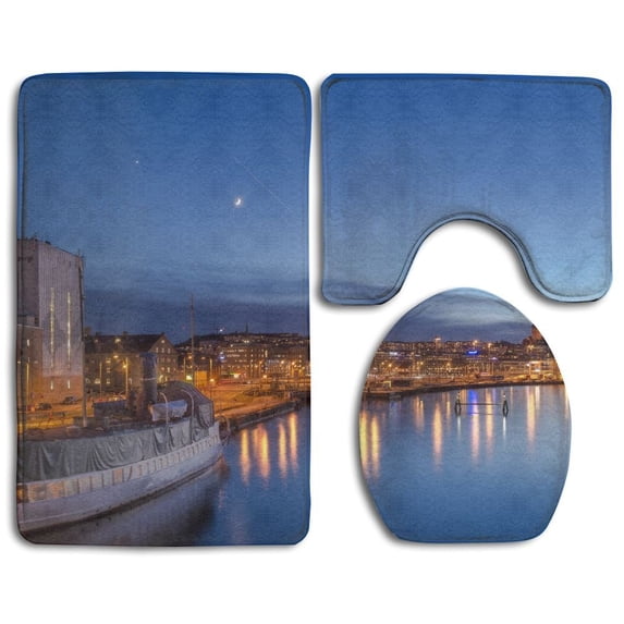 PUDMAD City Night Bay 3 Piece Bathroom Rugs Set Bath Rug Contour Mat and Toilet Lid Cover