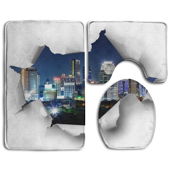 PUDMAD City Rip Hole Paper Collage Night Urban Edges Paper Sheet 3 Piece Bathroom Rugs Set Bath Rug Contour Mat and Toilet Lid Cover