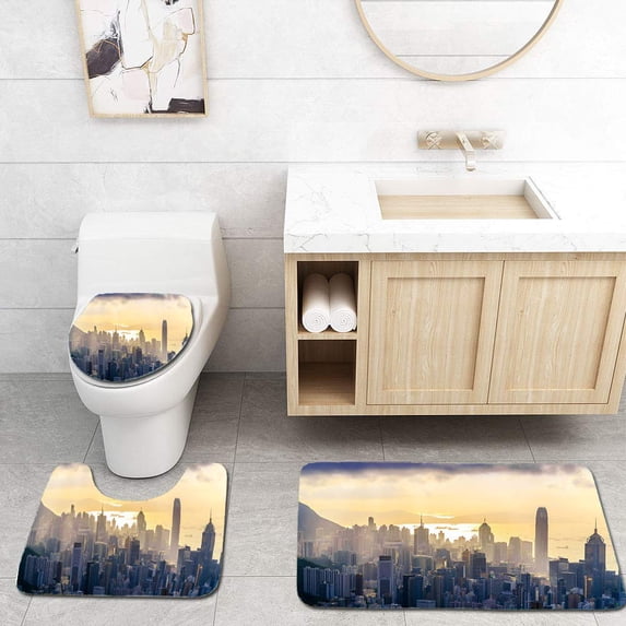 PUDMAD City Sunbeam Sunset 3 Piece Bathroom Rugs Set Bath Rug Contour Mat and Toilet Lid Cover