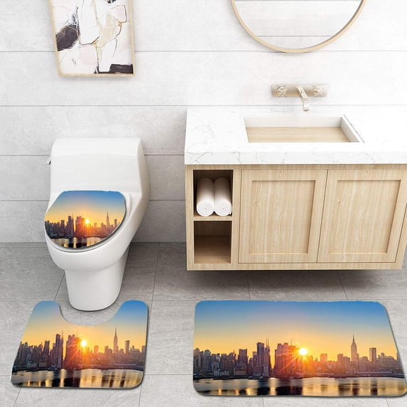 PUDMAD City Tranquil Sunrise at Midtown Manhattan United States NYC Waterfront America Pale Blue 3 Piece Bathroom Rugs Set Bath Rug Contour Mat and Toilet Lid Cover