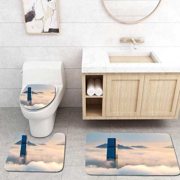 PUDMAD City in Clouds 3 Piece Bathroom Rugs Set Bath Rug Contour Mat and Toilet Lid Cover