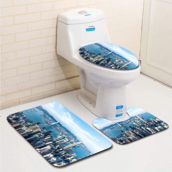 PUDMAD Cityscape Hongkong Sky 3 Piece Bathroom Rugs Set Bath Rug Contour Mat and Toilet Lid Cover
