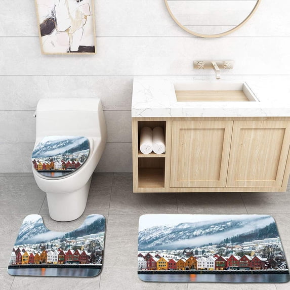 PUDMAD Cityscape Winter View Bruges Norway Northern Mountain Landscape European Urban 3 Piece Bathroom Rugs Set Bath Rug Contour Mat and Toilet Lid Cover