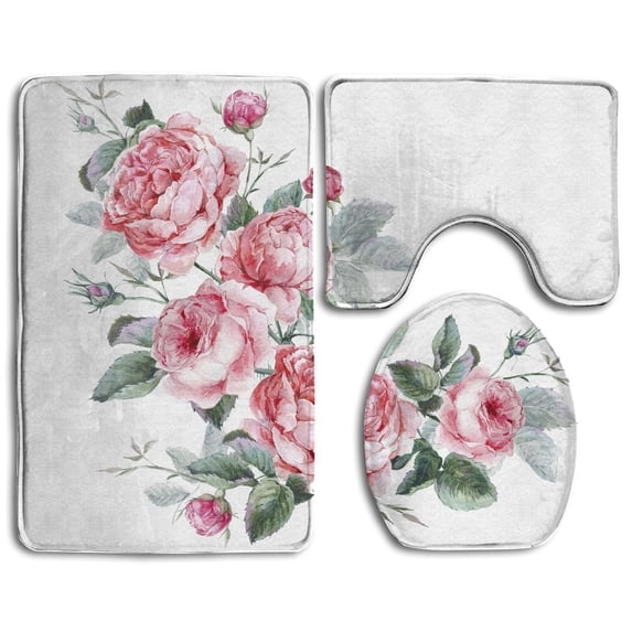PUDMAD Classical Vintage Floral Greeting Card Watercolor Bouquet English Roses Beautiful Watercolor 3 Piece Bathroom Rugs Set Bath Rug Contour Mat and Toilet Lid Cover