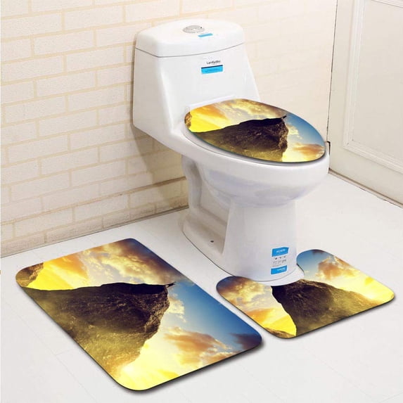 PUDMAD Climber on top Mountain 3 Piece Bathroom Rugs Set Bath Rug Contour Mat and Toilet Lid Cover