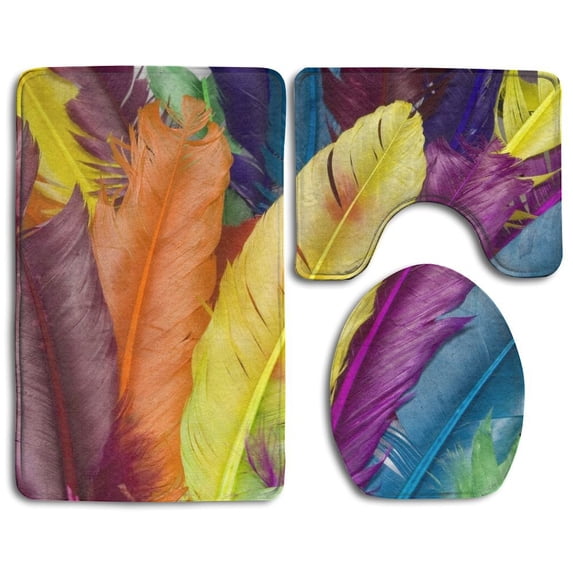 PUDMAD Close Up Feathers Different Positions Colors 3 Piece Bathroom Rugs Set Bath Rug Contour Mat and Toilet Lid Cover